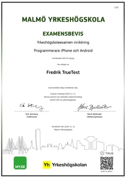 Examensbevis, Malmö Yrkeshögskola