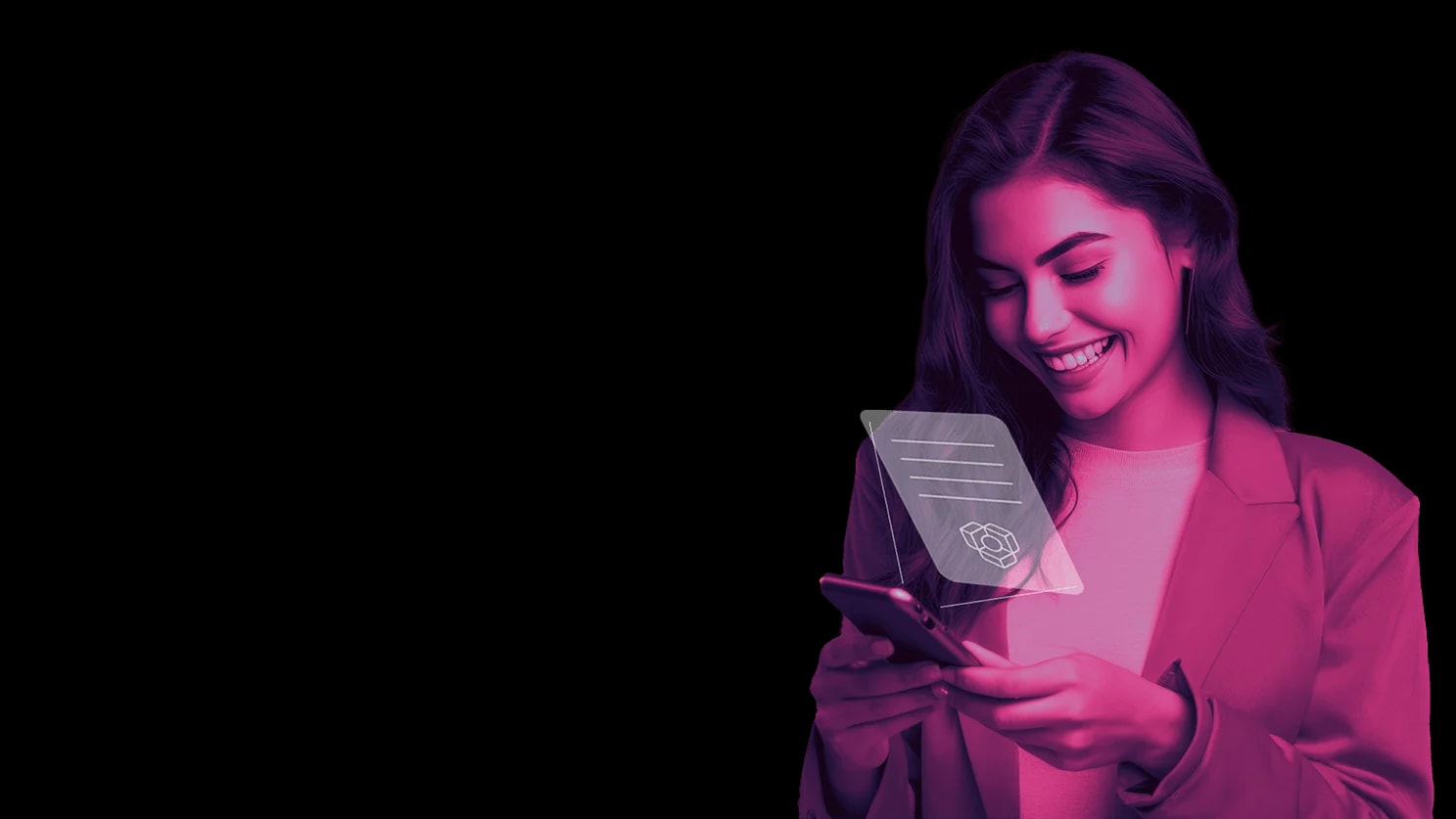 TRUE Wallet: a smiling young woman looks at her phone as a verified document with the TRUE seal rises from the screen